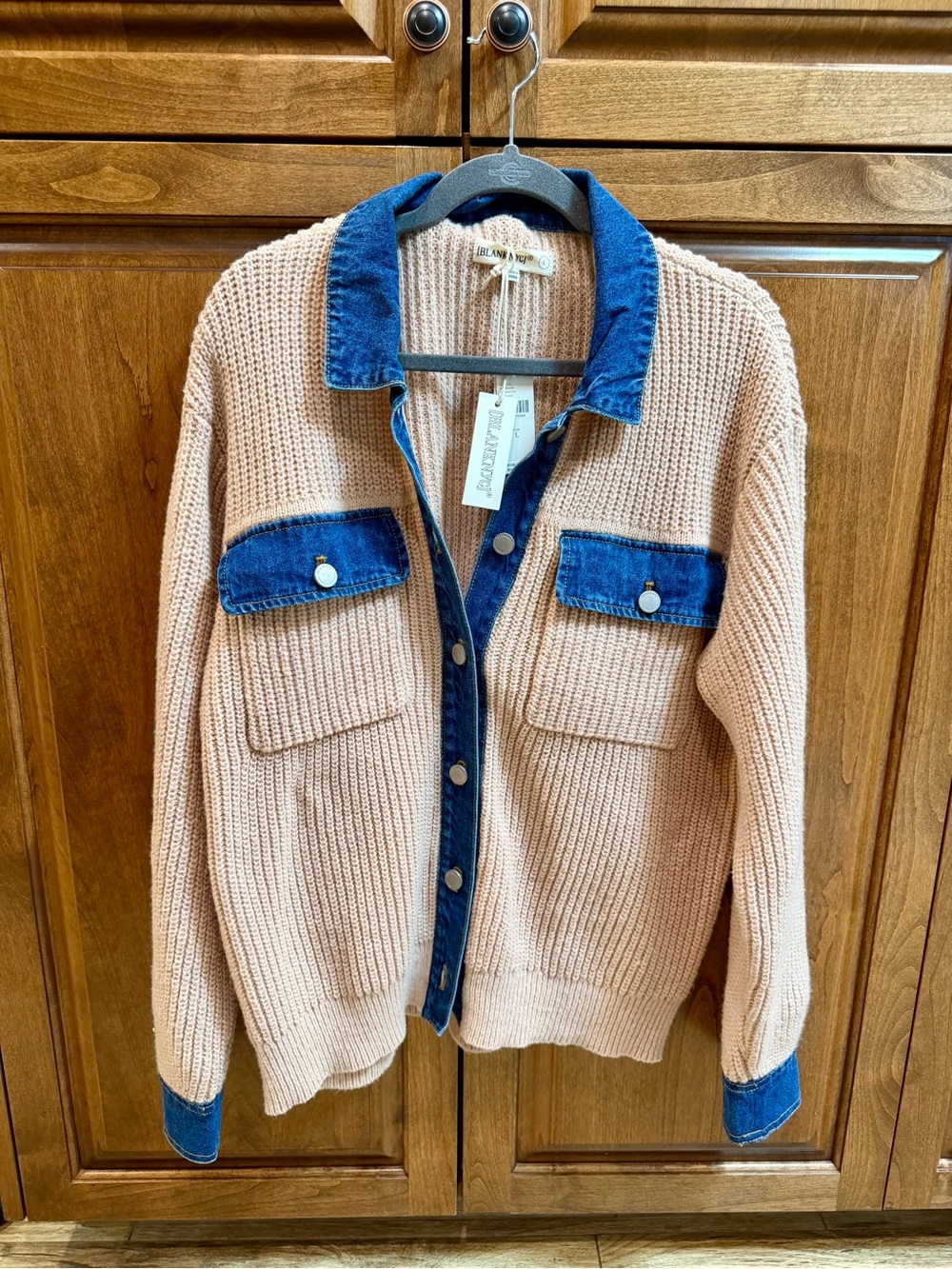 Blank NYC Beige Cardigan with Blue Denim Trim